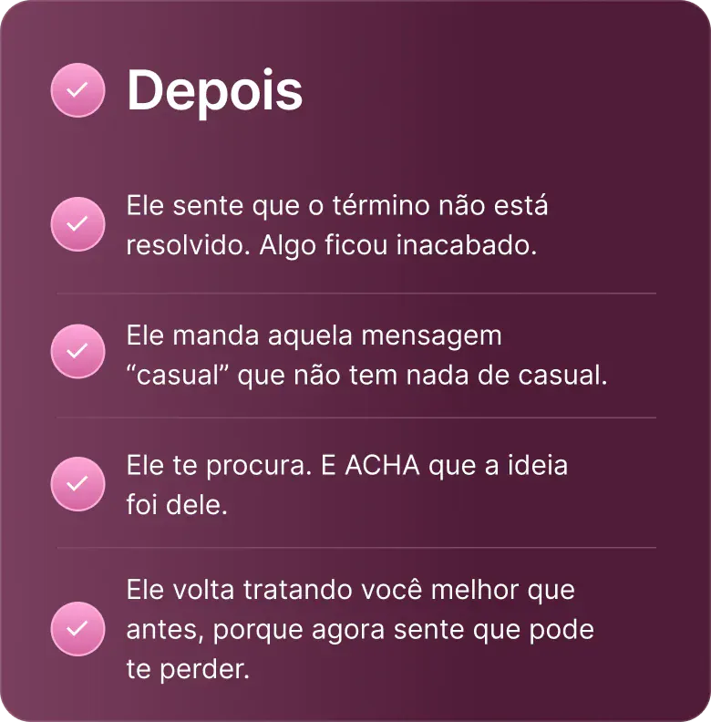 Depois: ele sente que o término ficou inacabado; manda mensagem casual; te procura achando que a ideia foi dele; volta te tratando melhor.