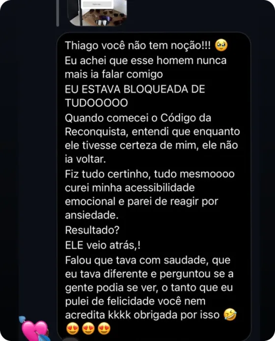 Print de conversa de uma aluna comemorando a reconquista
