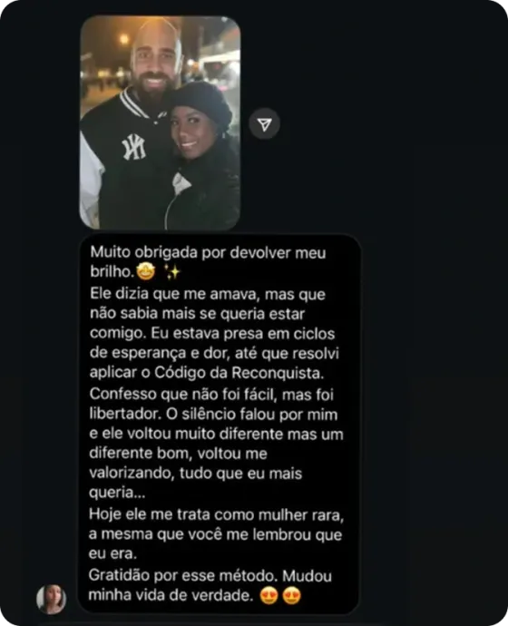 Print de conversa de aluna comemorando a mudança do ex